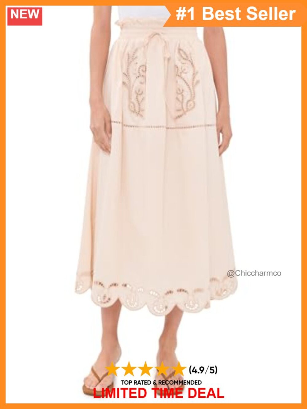 Women's Eyelet Detail Paper Bag Waist Ruffled Midi Skirt Wear to Work